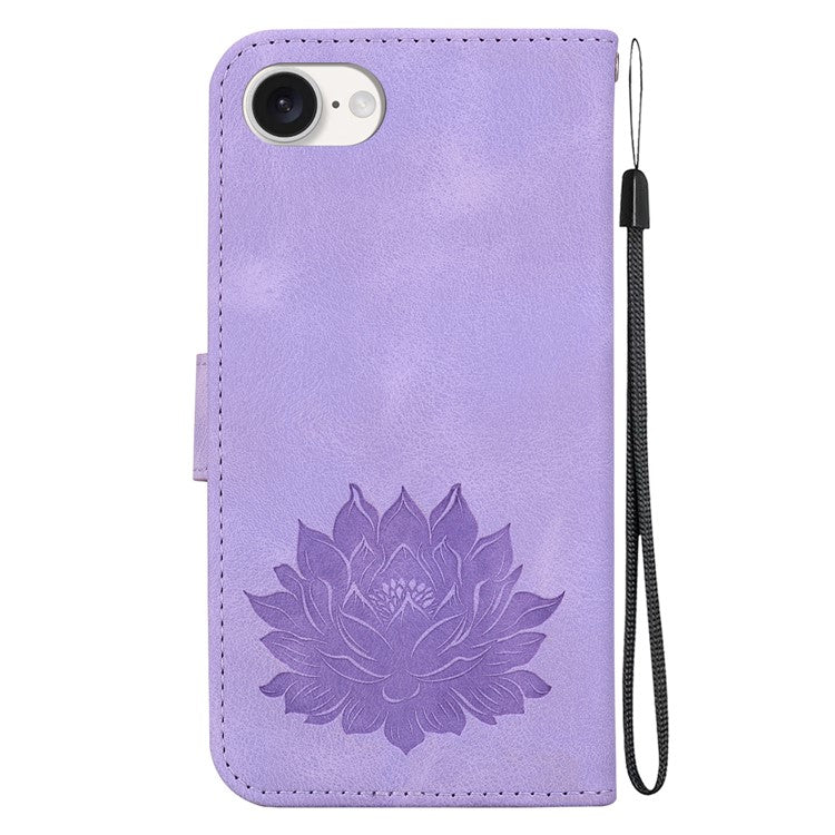 For iPhone 16e Case PU Leather Lotus Imprinted Phone Cover with Strap - Purple