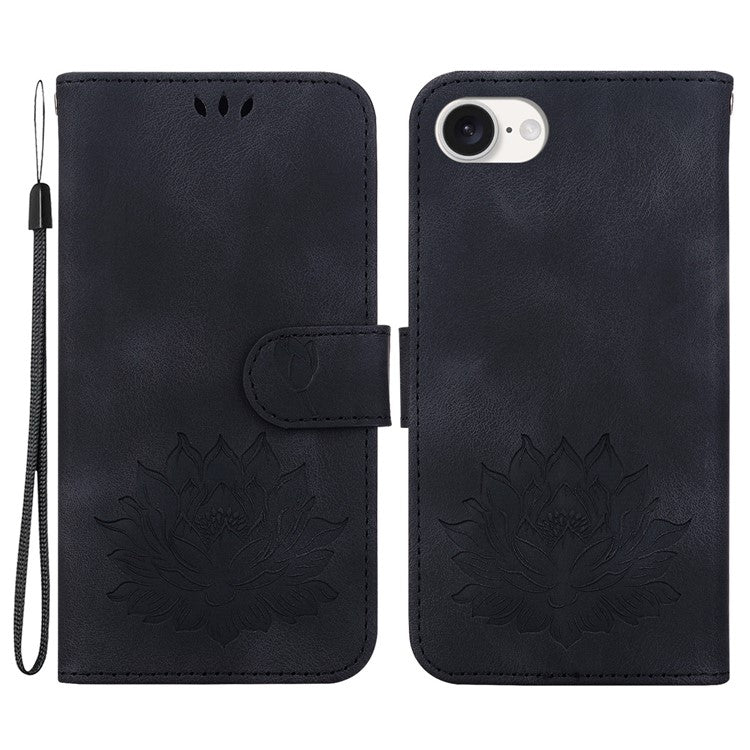 For iPhone 16e Case PU Leather Lotus Imprinted Phone Cover with Strap - Black
