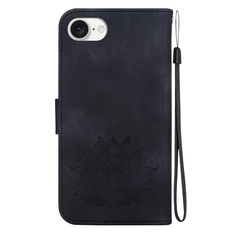 For iPhone 16e Case PU Leather Lotus Imprinted Phone Cover with Strap - Black