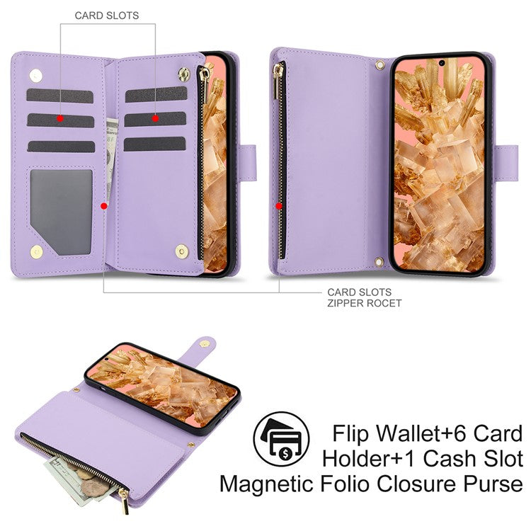 For Google Pixel 8 Case Chic Rhombus PU Leather Phone Cover with Shoulder Lanyard - Light Purple