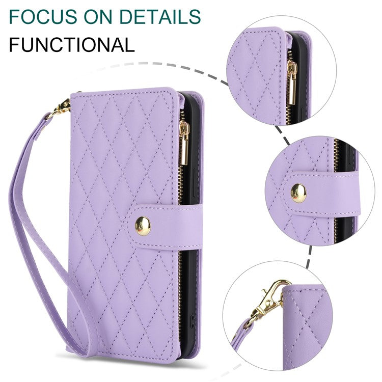 For Google Pixel 8 Case Chic Rhombus PU Leather Phone Cover with Shoulder Lanyard - Light Purple