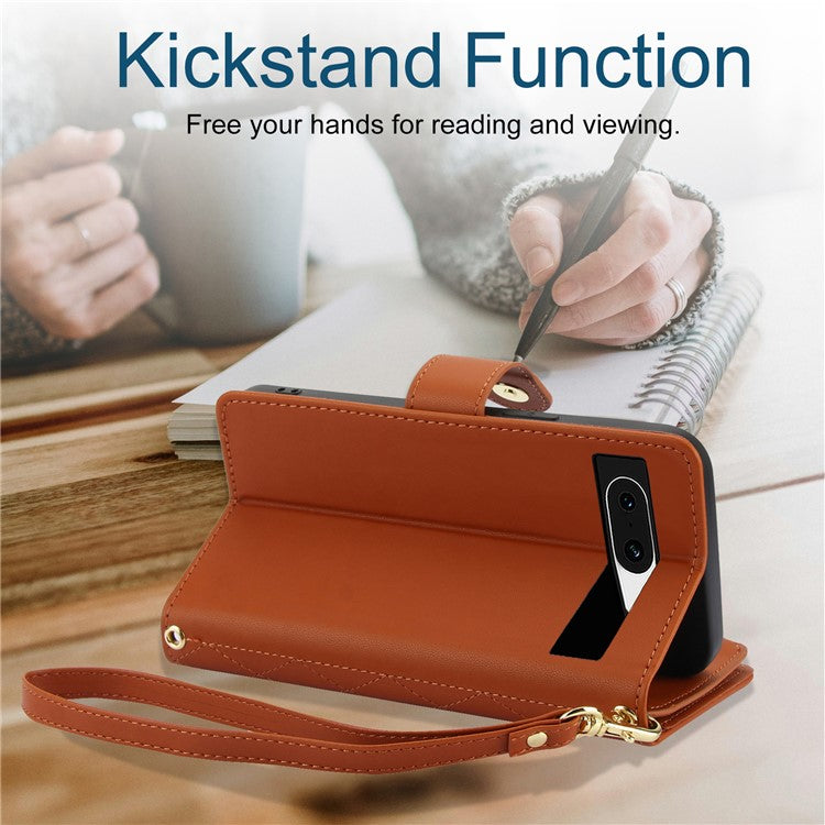 For Google Pixel 8 Case Chic Rhombus PU Leather Phone Cover with Shoulder Lanyard - Brown