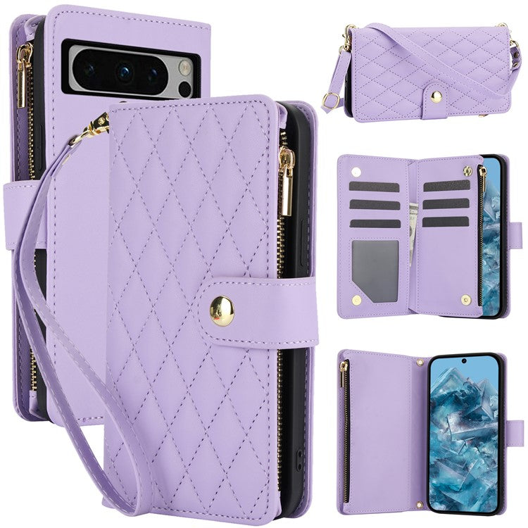 For Google Pixel 8 Pro Case Rhombus Zipper Leather Phone Cover with Shoulder Strap - Light Purple