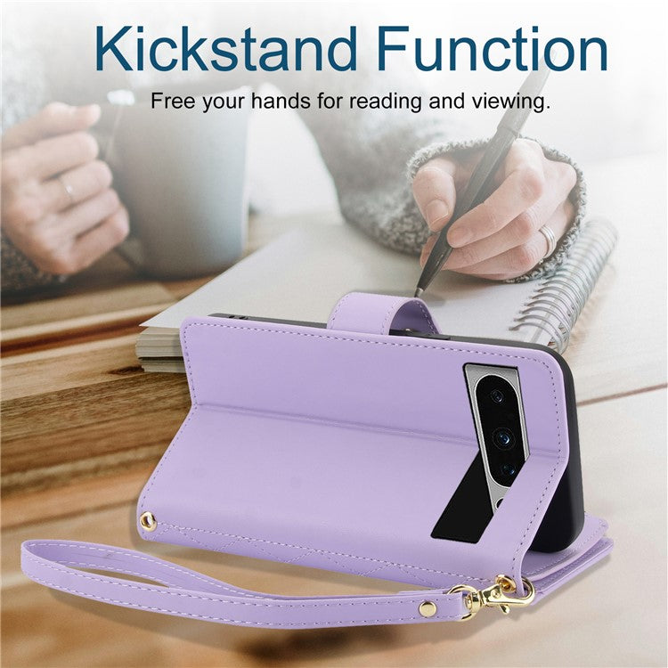 For Google Pixel 8 Pro Case Rhombus Zipper Leather Phone Cover with Shoulder Strap - Light Purple