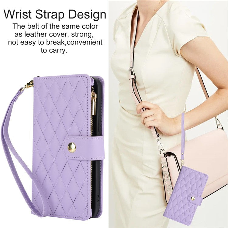 For Google Pixel 8 Pro Case Rhombus Zipper Leather Phone Cover with Shoulder Strap - Light Purple
