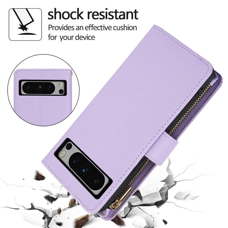 For Google Pixel 8 Pro Case Rhombus Zipper Leather Phone Cover with Shoulder Strap - Light Purple