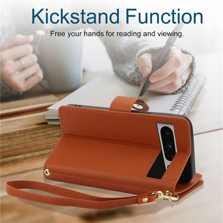 For Google Pixel 8 Pro Case Rhombus Zipper Leather Phone Cover with Shoulder Strap - Brown