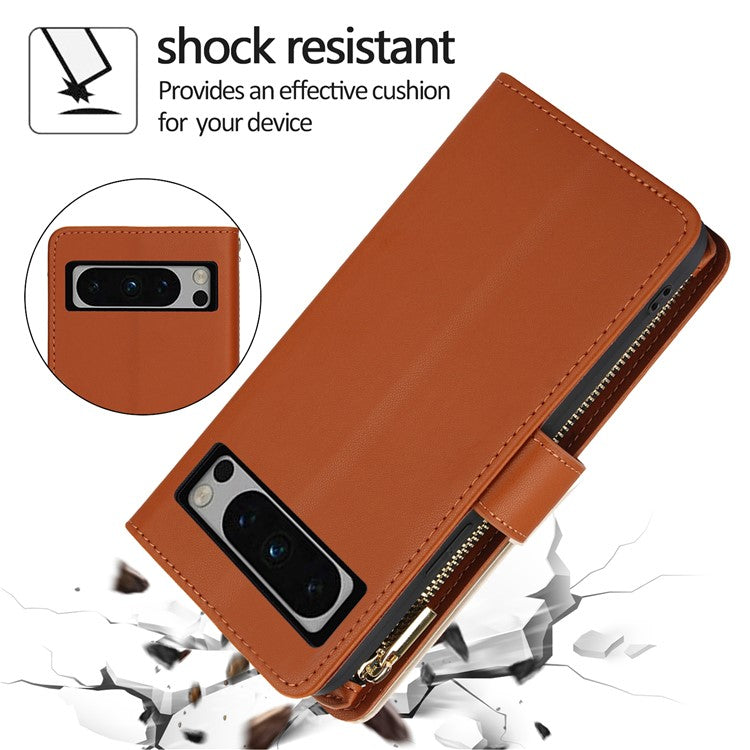 For Google Pixel 8 Pro Case Rhombus Zipper Leather Phone Cover with Shoulder Strap - Brown