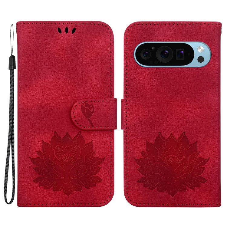 For Google Pixel 9 Pro XL Case Lotus Imprinted Leather Stand Phone Cover - Red