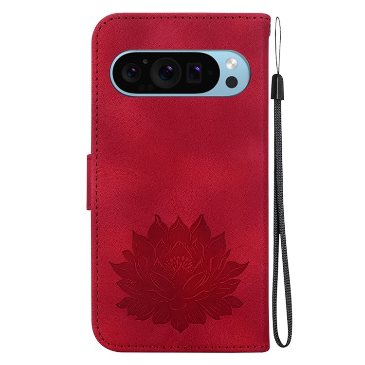 For Google Pixel 9 Pro XL Case Lotus Imprinted Leather Stand Phone Cover - Red