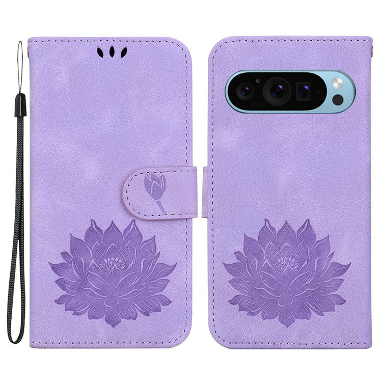 For Google Pixel 9 Pro XL Case Lotus Imprinted Leather Stand Phone Cover - Purple
