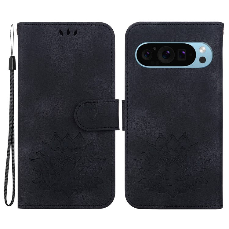 For Google Pixel 9 Pro XL Case Lotus Imprinted Leather Stand Phone Cover - Black