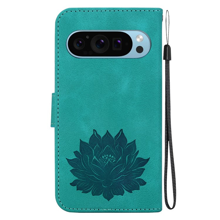 For Google Pixel 9 / 9 Pro Case Lotus Pattern Leather Phone Cover Stand View - Green