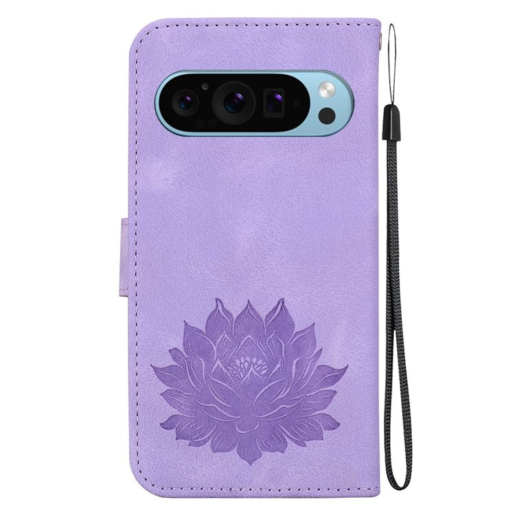 For Google Pixel 9 / 9 Pro Case Lotus Pattern Leather Phone Cover Stand View - Purple