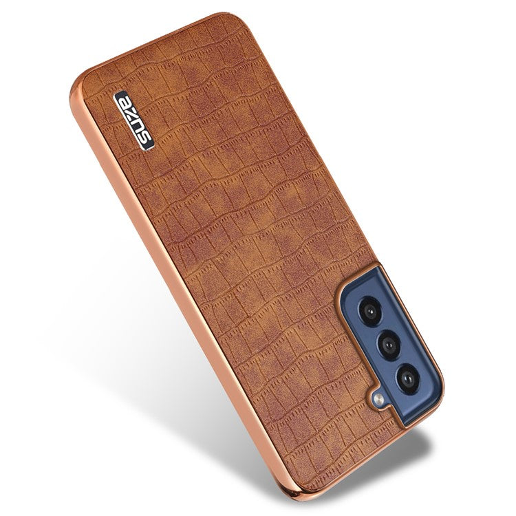 AZNS For Samsung Galaxy S21 FE 5G Case Crocodile Texture Electroplating Leather Back Phone Cover - Brown