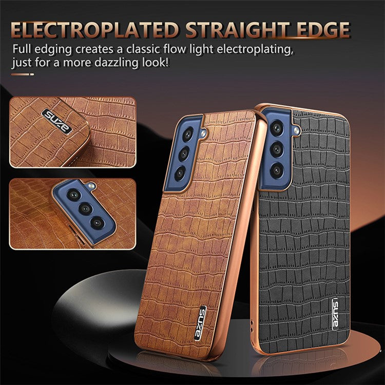 AZNS For Samsung Galaxy S21 FE 5G Case Crocodile Texture Electroplating Leather Back Phone Cover - Brown