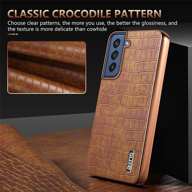 AZNS For Samsung Galaxy S21 FE 5G Case Crocodile Texture Electroplating Leather Back Phone Cover - Brown