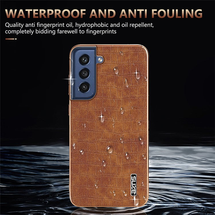 AZNS For Samsung Galaxy S21 FE 5G Case Crocodile Texture Electroplating Leather Back Phone Cover - Brown