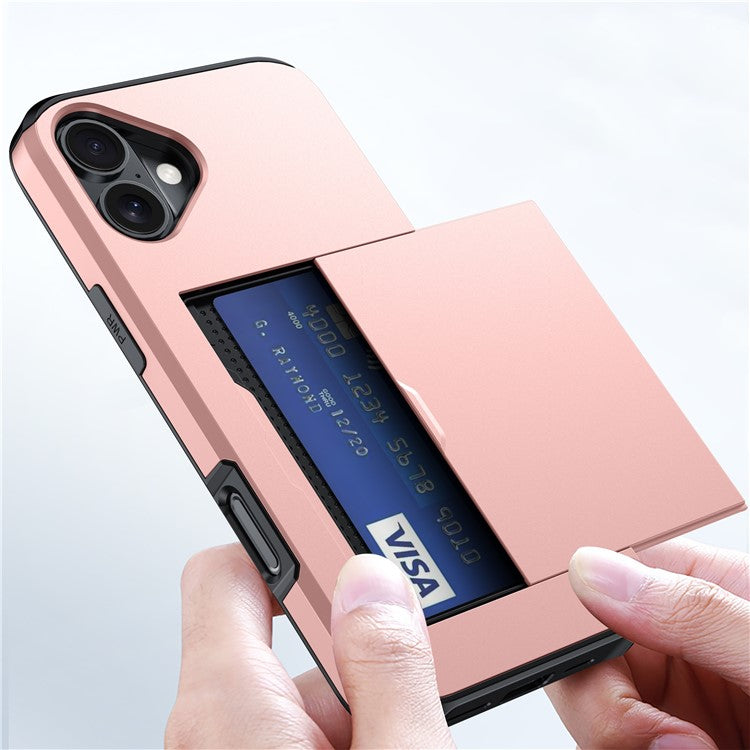 For iPhone 16 Plus Case with Card Holder TPU + PC Phone Cover Dual Layer Shockproof - Pink