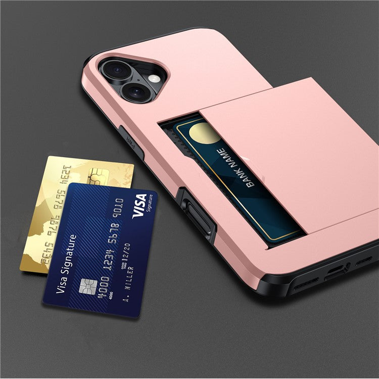 For iPhone 16 Plus Case with Card Holder TPU + PC Phone Cover Dual Layer Shockproof - Pink