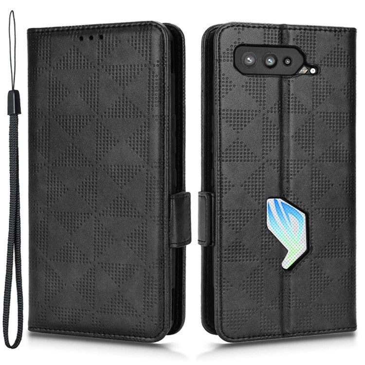 For Asus ROG Phone 5 Full Protection Triangle Pattern Imprinted Stand PU Leather Cover Flip Wallet Case with Strap - Black