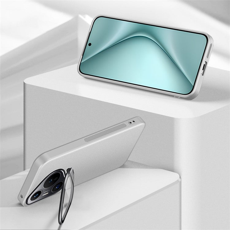 For Huawei Pura 70 Magnetic Case Metal Lens Frame Kickstand TPU+PC Anti-drop Phone Cover - White