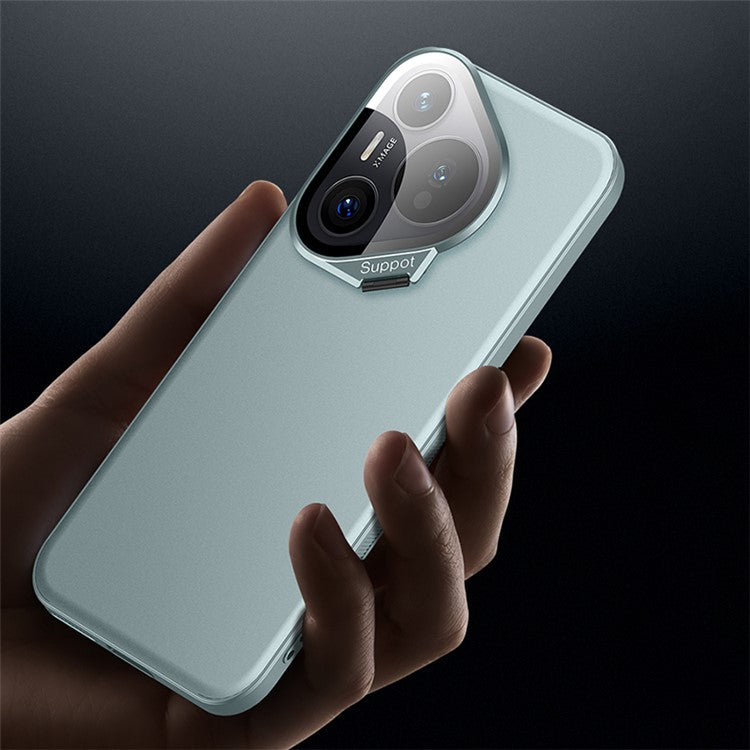 For Huawei Pura 70 Magnetic Case Metal Lens Frame Kickstand TPU+PC Anti-drop Phone Cover - White