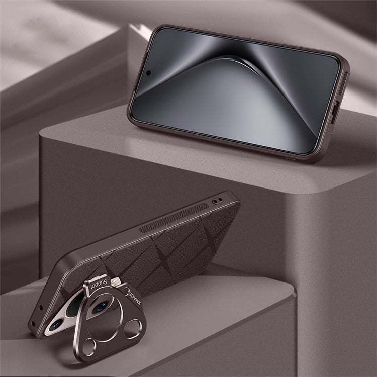 For Huawei Pura 70 Ultra Case with Lens Frame Kickstand PU Leather+TPU+PC Magnetic Phone Cover - Brown