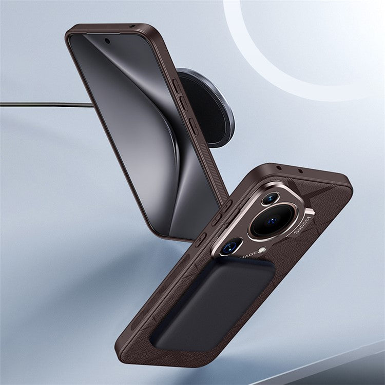 For Huawei Pura 70 Ultra Case with Lens Frame Kickstand PU Leather+TPU+PC Magnetic Phone Cover - Brown