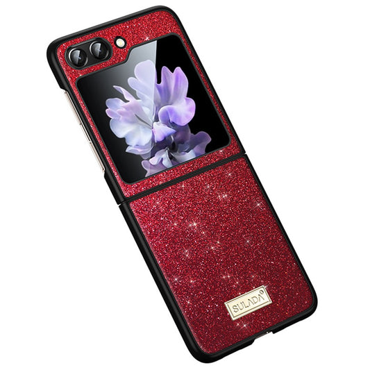 SULADA For Samsung Galaxy Z Flip7 FE 5G / Z Flip6 5G Case Glitter Sequins Leather Coated PC + TPU Cover - Red