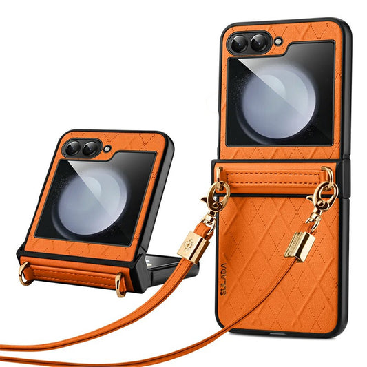 SULADA For Samsung Galaxy Z Flip7 FE 5G / Z Flip6 5G Case Rhombus Leather+PC Phone Cover with Shoulder Strap - Orange