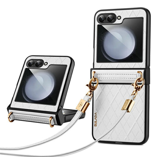 SULADA For Samsung Galaxy Z Flip7 FE 5G / Z Flip6 5G Case Rhombus Leather+PC Phone Cover with Shoulder Strap - White