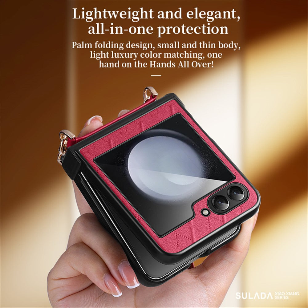 SULADA For Samsung Galaxy Z Flip7 FE 5G / Z Flip6 5G Case Rhombus Leather+PC Phone Cover with Shoulder Strap - Sapphire