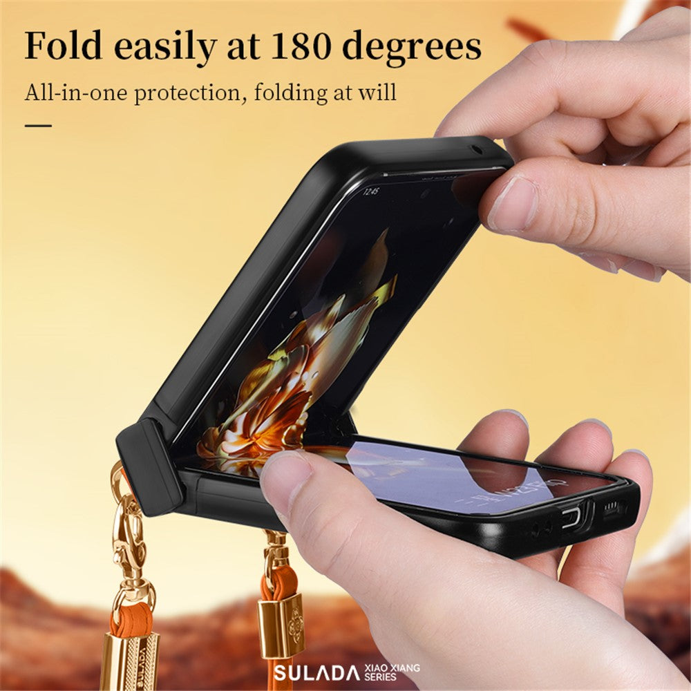 SULADA For Samsung Galaxy Z Flip7 FE 5G / Z Flip6 5G Case Rhombus Leather+PC Phone Cover with Shoulder Strap - Black