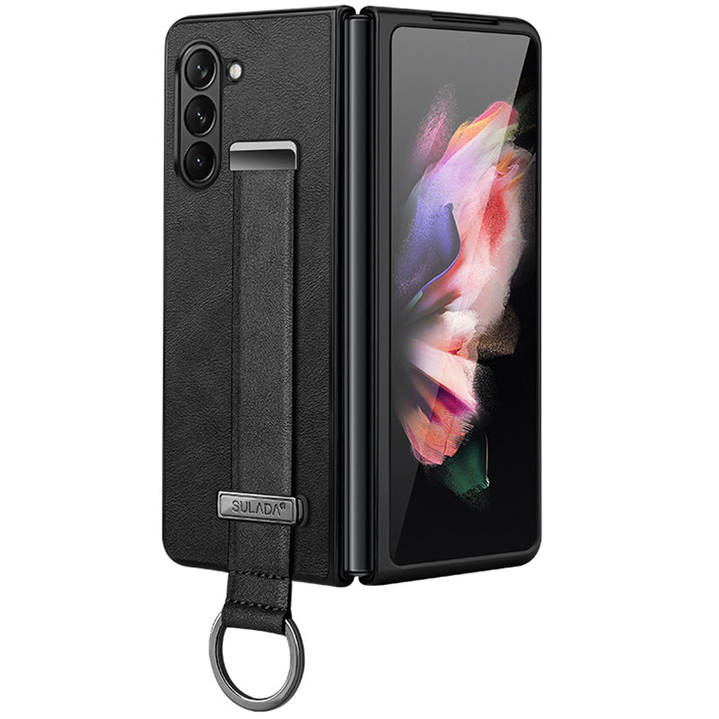 SULADA Fashion Series for Samsung Galaxy Z Fold6 5G Case Strap Kickstand Leather+PC Phone Cover - Black