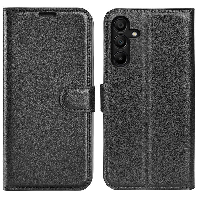 For Samsung Galaxy M15 5G Case Litchi Texture Leather Phone Cover Card Slot Magnetic Clasp - Black