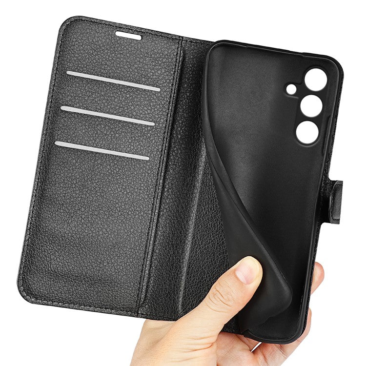 For Samsung Galaxy M15 5G Case Litchi Texture Leather Phone Cover Card Slot Magnetic Clasp - Black