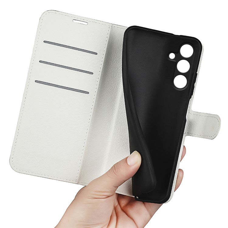For Samsung Galaxy M15 5G Case Litchi Texture Leather Phone Cover Card Slot Magnetic Clasp - White