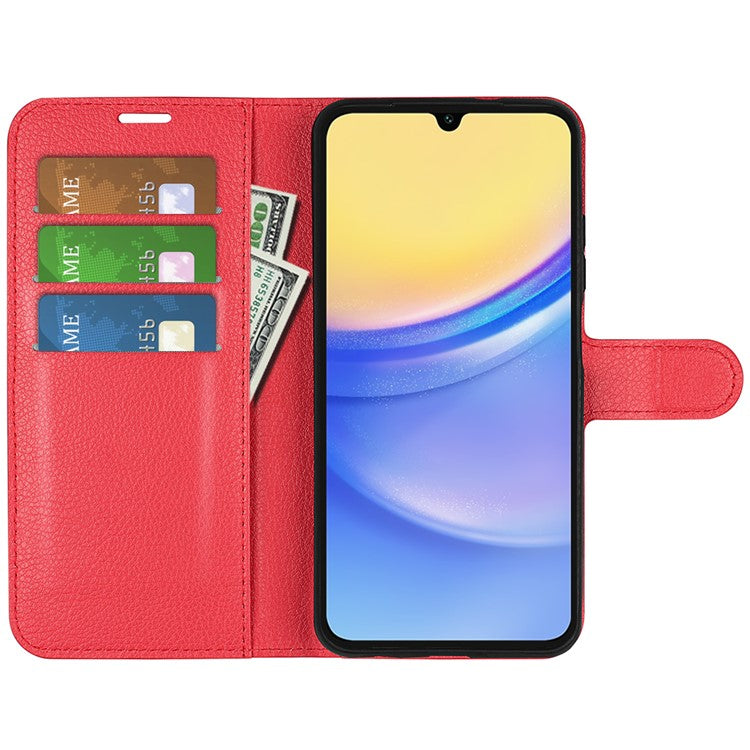 For Samsung Galaxy M15 5G Case Litchi Texture Leather Phone Cover Card Slot Magnetic Clasp - Red