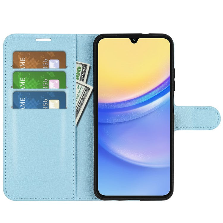 For Samsung Galaxy M15 5G Case Litchi Texture Leather Phone Cover Card Slot Magnetic Clasp - Blue