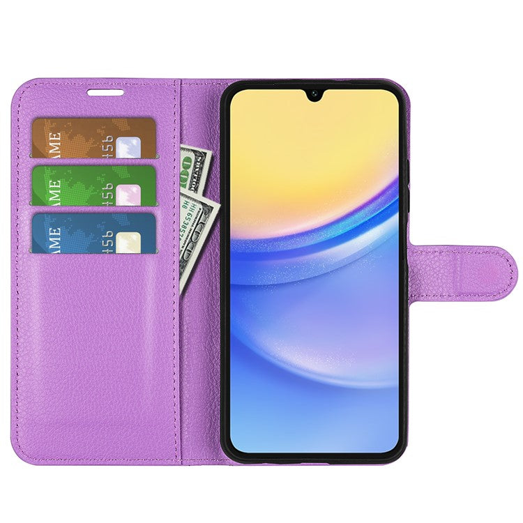For Samsung Galaxy M15 5G Case Litchi Texture Leather Phone Cover Card Slot Magnetic Clasp - Purple