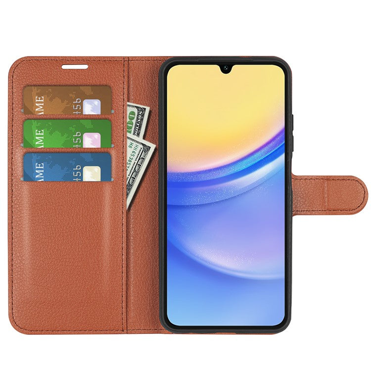 For Samsung Galaxy M15 5G Case Litchi Texture Leather Phone Cover Card Slot Magnetic Clasp - Brown