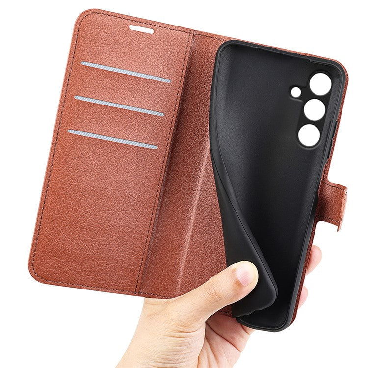 For Samsung Galaxy M15 5G Case Litchi Texture Leather Phone Cover Card Slot Magnetic Clasp - Brown