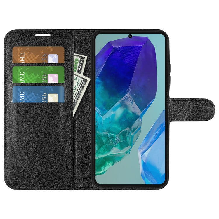For Samsung Galaxy M55 5G / C55 5G / F55 5G Case Litchi Texture Card Slot Leather Phone Cover with Wallet - Black
