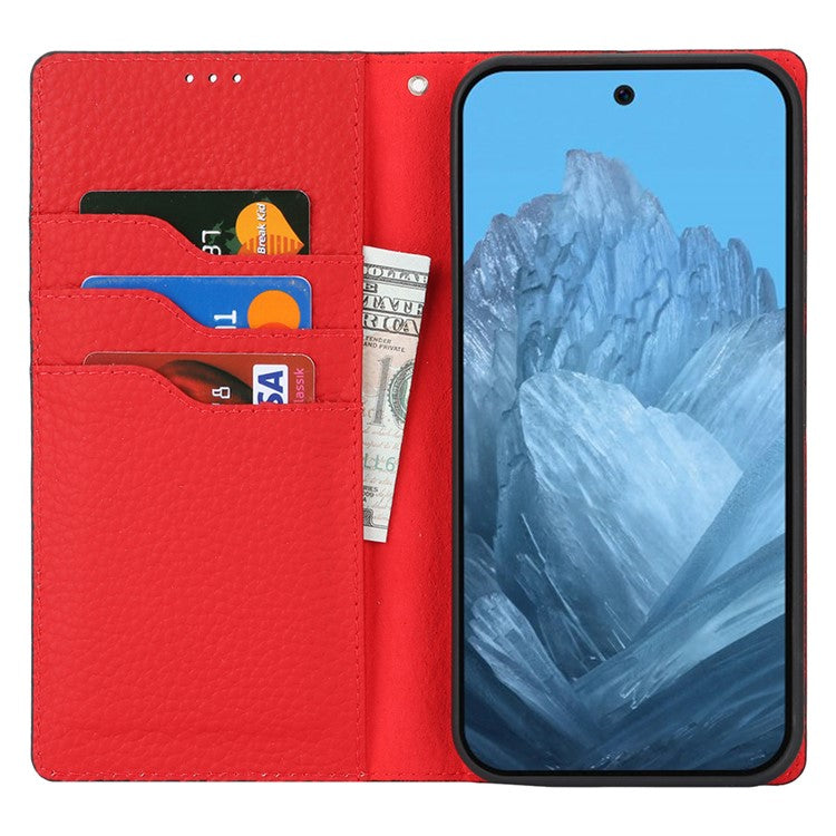 For Google Pixel 9 / 9 Pro Case with Hand Strap Genuine Cow Leather Phone Cover - Black