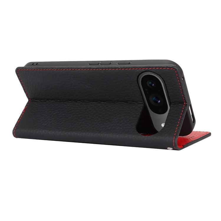 For Google Pixel 9 / 9 Pro Case with Hand Strap Genuine Cow Leather Phone Cover - Black