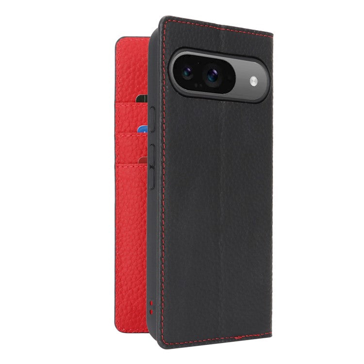 For Google Pixel 9 / 9 Pro Case with Hand Strap Genuine Cow Leather Phone Cover - Black