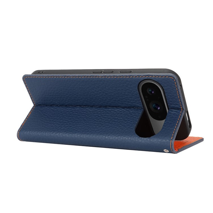 For Google Pixel 9 / 9 Pro Case with Hand Strap Genuine Cow Leather Phone Cover - Dark Blue