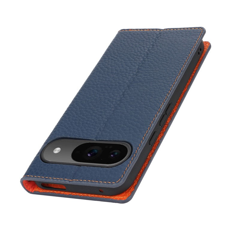 For Google Pixel 9 / 9 Pro Case with Hand Strap Genuine Cow Leather Phone Cover - Dark Blue