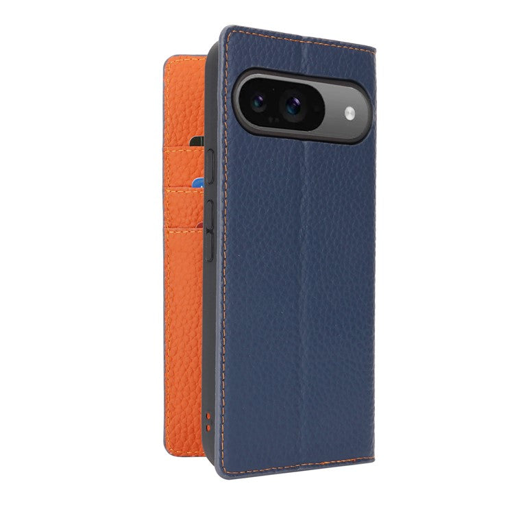 For Google Pixel 9 / 9 Pro Case with Hand Strap Genuine Cow Leather Phone Cover - Dark Blue